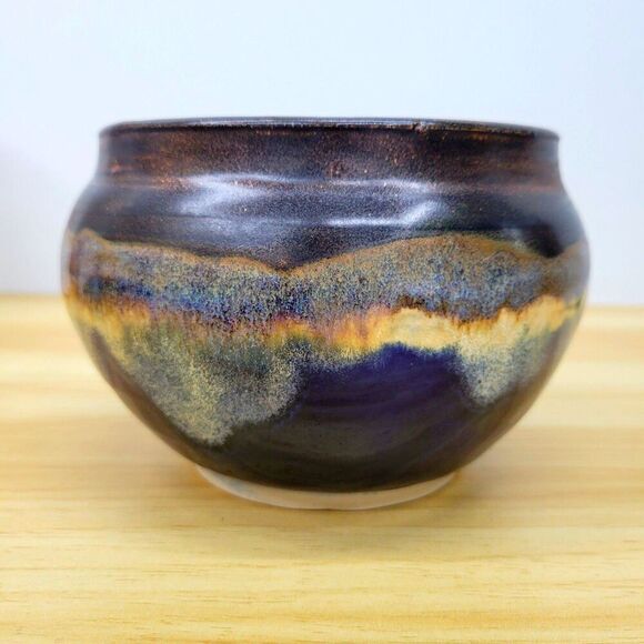 Signed Studio Pottery Bowl – Fan Mark – Drip Glaze in Indigo & Earth Tones – 6.5 - Picture 6 of 11